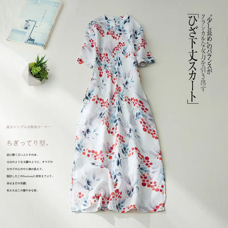 

New Summer Womans Chinese Style Cheongsam Dress Vintage Printed Short Sleeve Dresses Elegant A-line Mid-calf Dresses for Female
