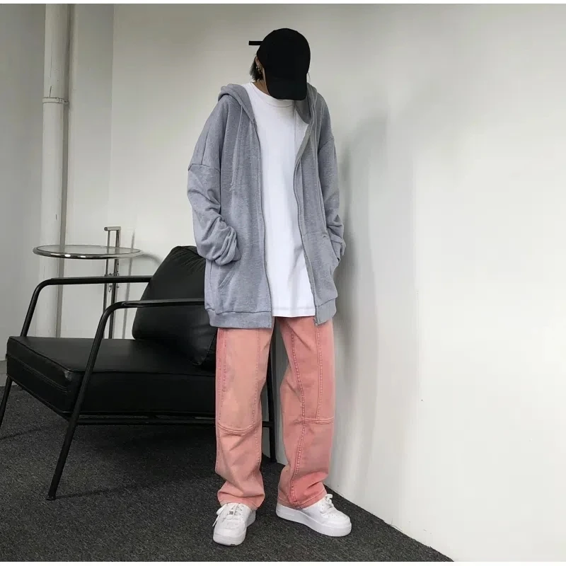 Korean Version Fashion Personality Street Loose High Waist All-Match Men Straight Pants Light Pink Washed Denim Casual Trousers