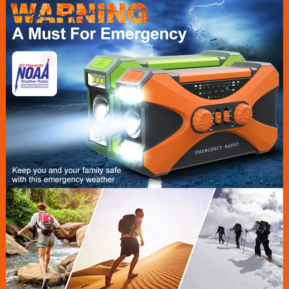 

Emergency Radio 10000mAh Rechargeable Dual Speaker Stereo Solar Hand Crank Radio AM/FM/NOAA with Phone Charger LED Torch