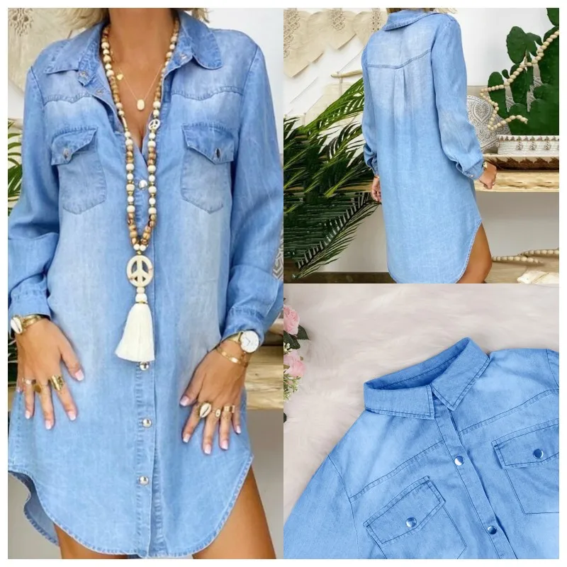 

Женское платье-рубашка на пуговицах, свободное платье-рубашка с длинным рукавом, отложной воротник, женское летнее светло-голубое джинсовое платье, повседневная повседневная одежда