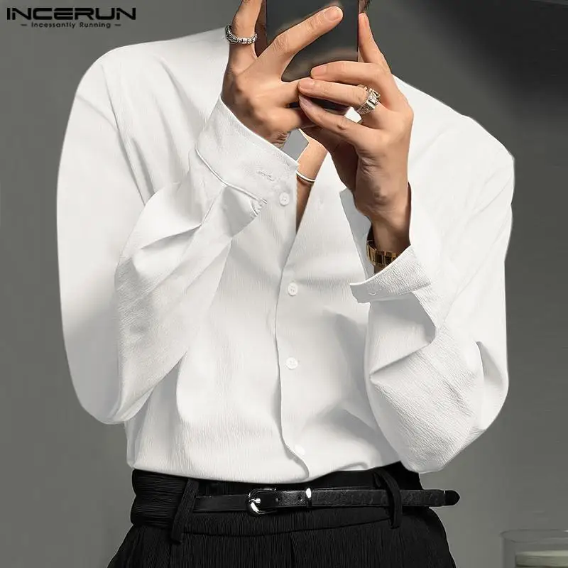 

Korean Style New Men Pleated Texture Shirts Casual Party Hot Sale Solid All-match Male Collarless Blouse S-5XL INCERUN Tops 2023