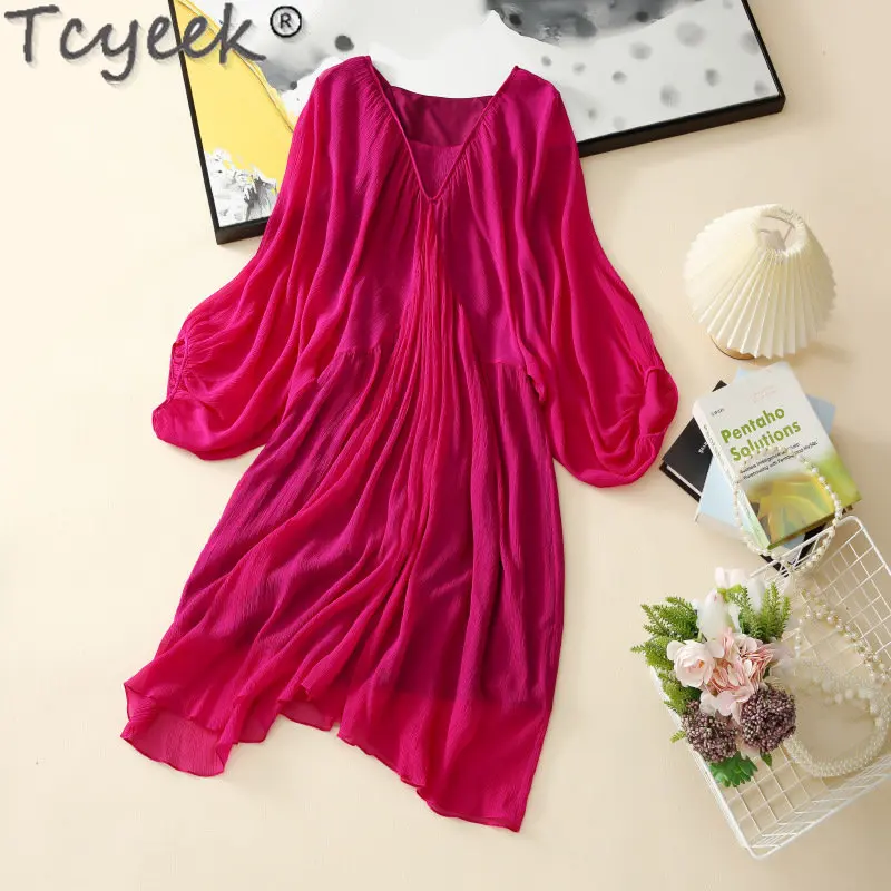 Tcyeek 2023 Spring 100% Mulberry Silk Dresses Women Clothes French Style High-end Real Silk Midi Dress Women's Long Sleeve Dress