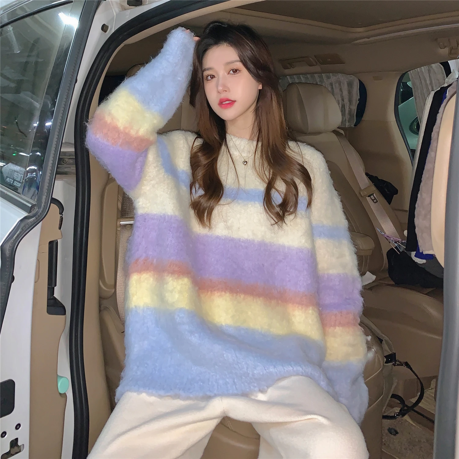 

Cream Cake Pullover Rainbow Striped Sweater Women Gentle Thick Mohair Knit Top 2022 Autumn and Winter New Clothing Women