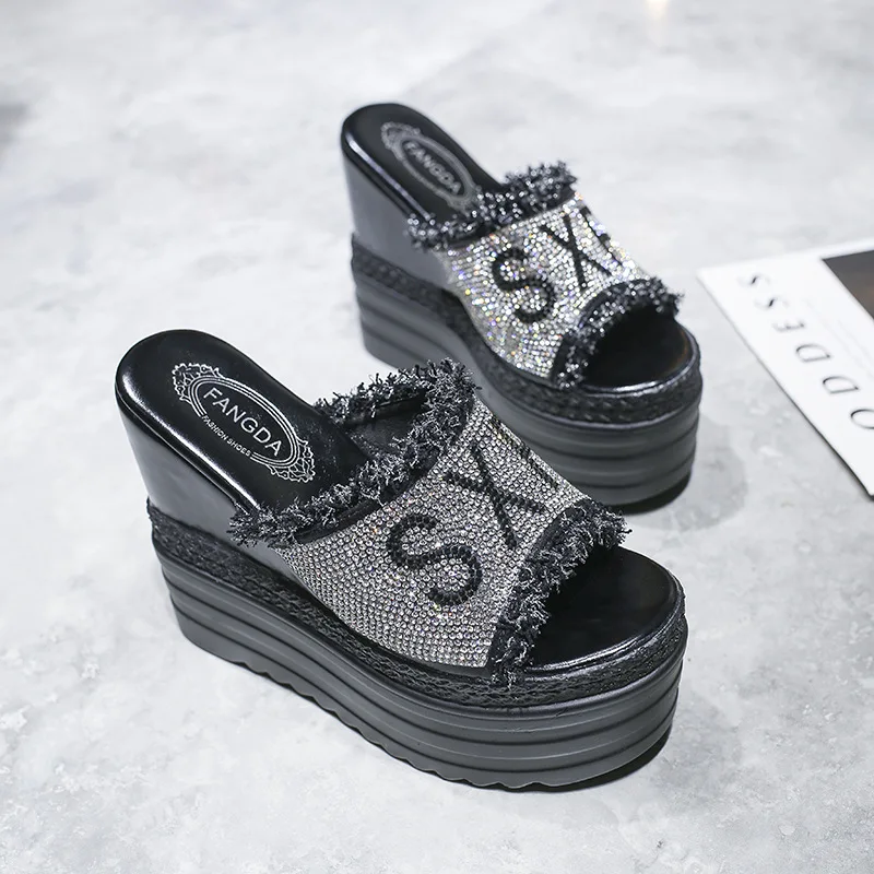 Summer Women Slipper 6cm Platform Non-slip Super High (8cm-up) Solid Wedges 13cm High Heels Ladies Slides Outside Female Shoes