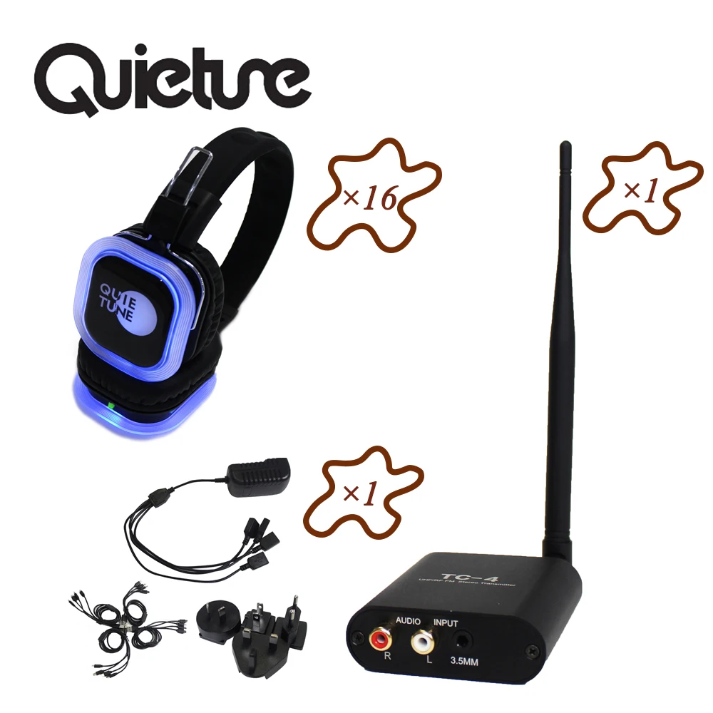 

16 Silent Disco Headphones F39 with 3 Channels and LED Light & 1 TC-4 Transmitter &1 Charger