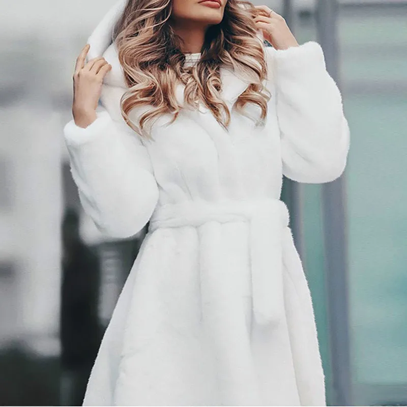 Faux Fur Coat Long Winter Thicken White Coat Lace-up Solid Color Slim Long Plush Faux Fur Hooded Warm Jacket New Fashion Outwear