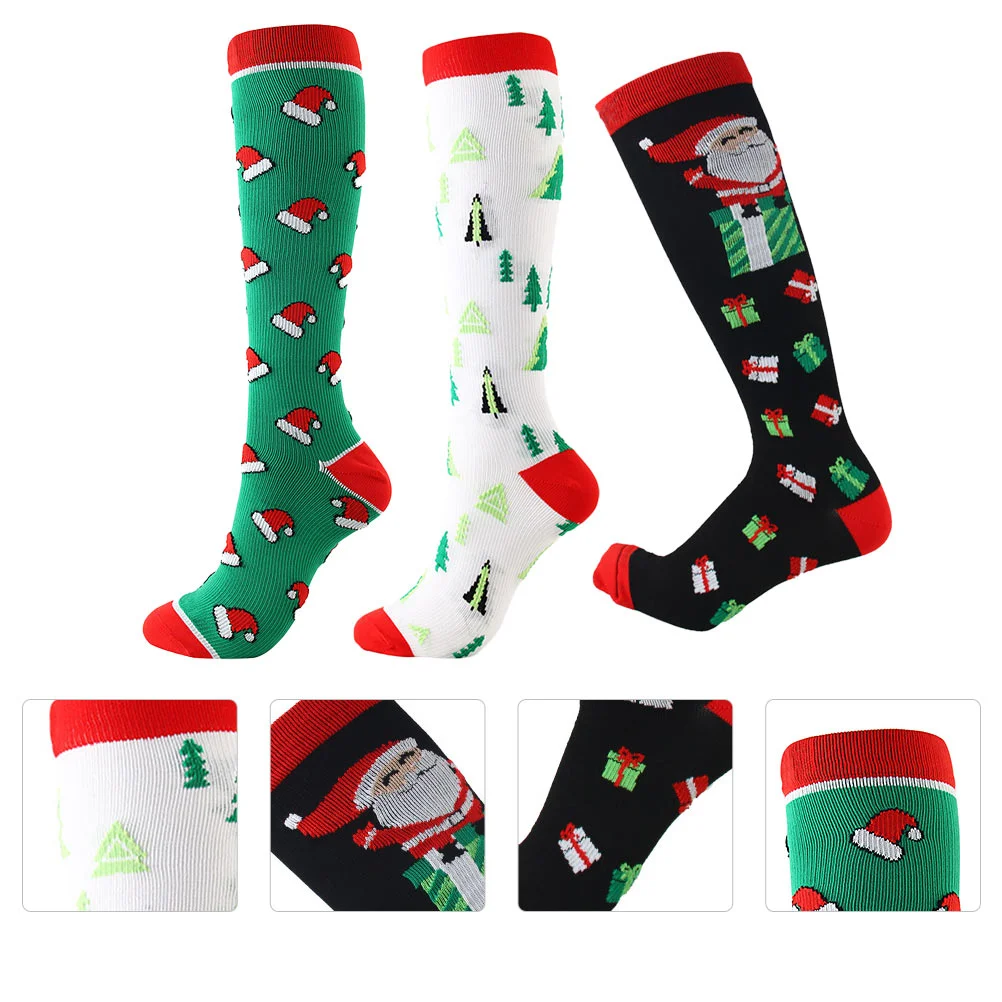 

3 пары рождественских компрессионных носков, спортивные дышащие зеленые нейлоновые носки