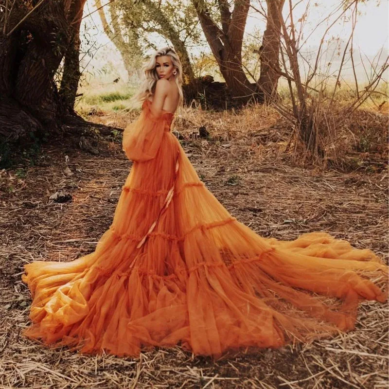 Orange Tulle Maternity Gowns for Photograghy Custom Made Corset Maternity Dress For Photo Shoot Off Shoulder Pregnancy Dresses