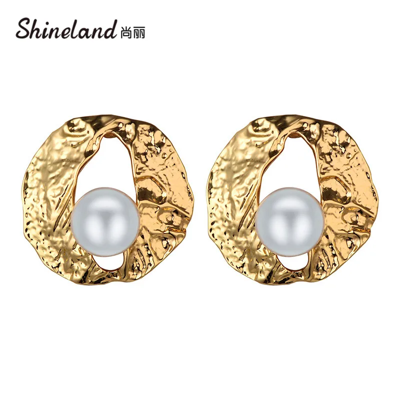 

Shineland Vintage Round Uneven Irregular Stud Earrings Simulated Pearl Metal Brincos Punk Jewelry Bijoux Gift 2023 Wholesale