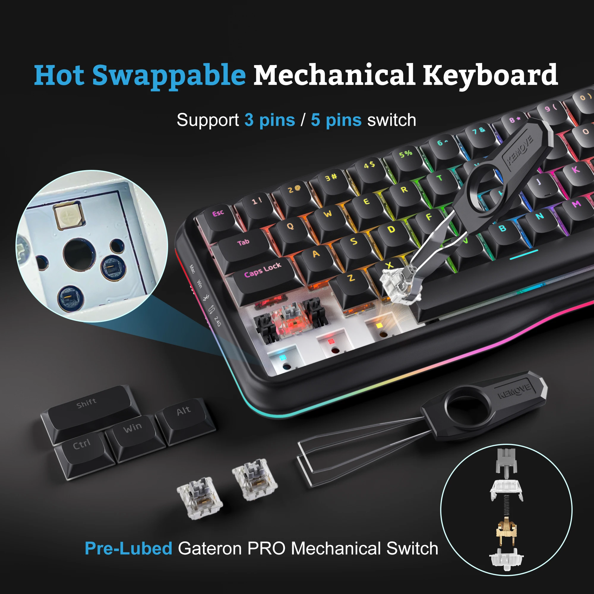 KEMOVE K68 65% RGB Triple Mode Mechanical Keyboard BT5.0/2.4G/USB-C 68 Hot Swappable Bluetooth Wireless Gamer Keyboard