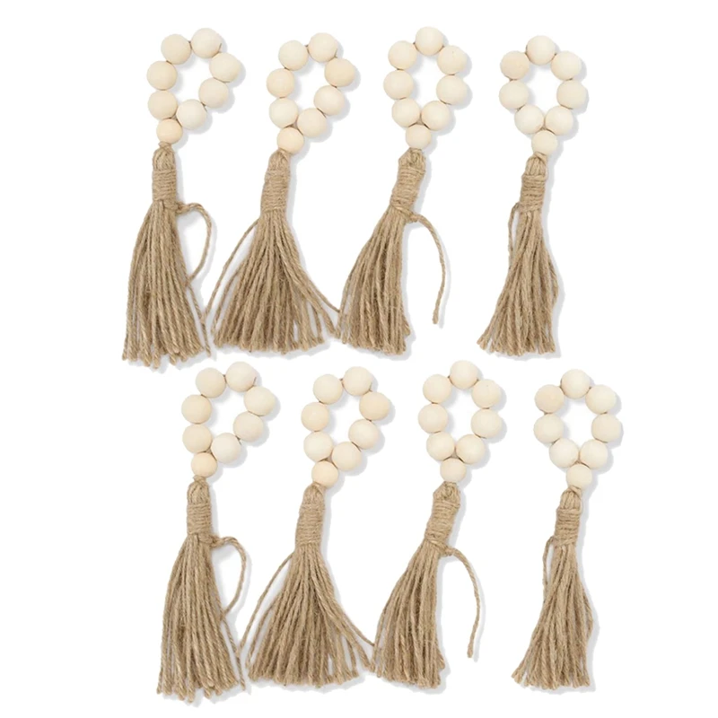 

A50I Tassels Wooden Bead Handmade Napkin Buckles Farmhouse Natural White Tassels
