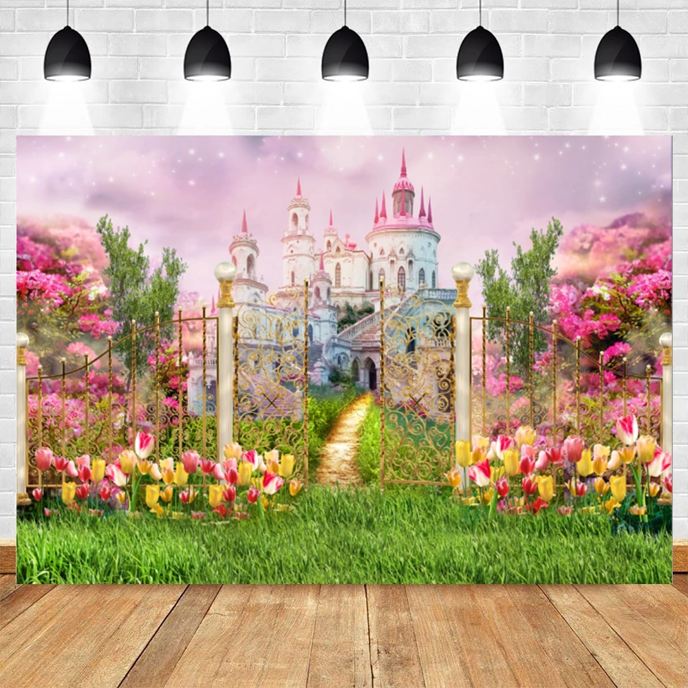 

Spring Deamy Fairy Tale Wonderland Castle Flower Easter Backdrop Baby Birthdy Party Photography Background Photo Studio Banner