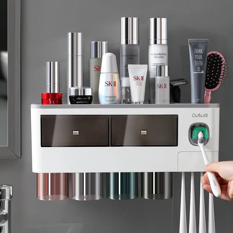 

Магнитный поглощающий инвертированный держатель для зубных щеток, двойной автоматический дозатор для зубной пасты, стеллаж для хранения, а...