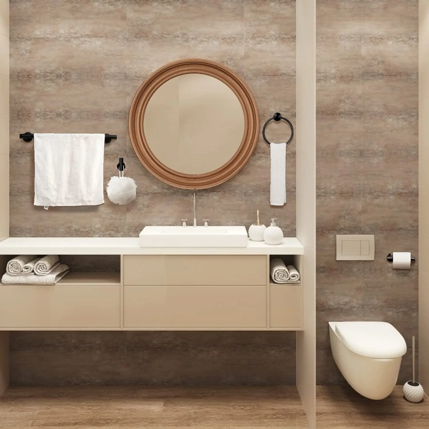 

Towel Bar Toilet Paper Holder Towel Ring 2 Hooks SUS304 Stainless Steel Heavy Duty 6-Piece Matte Black Bath Accessories