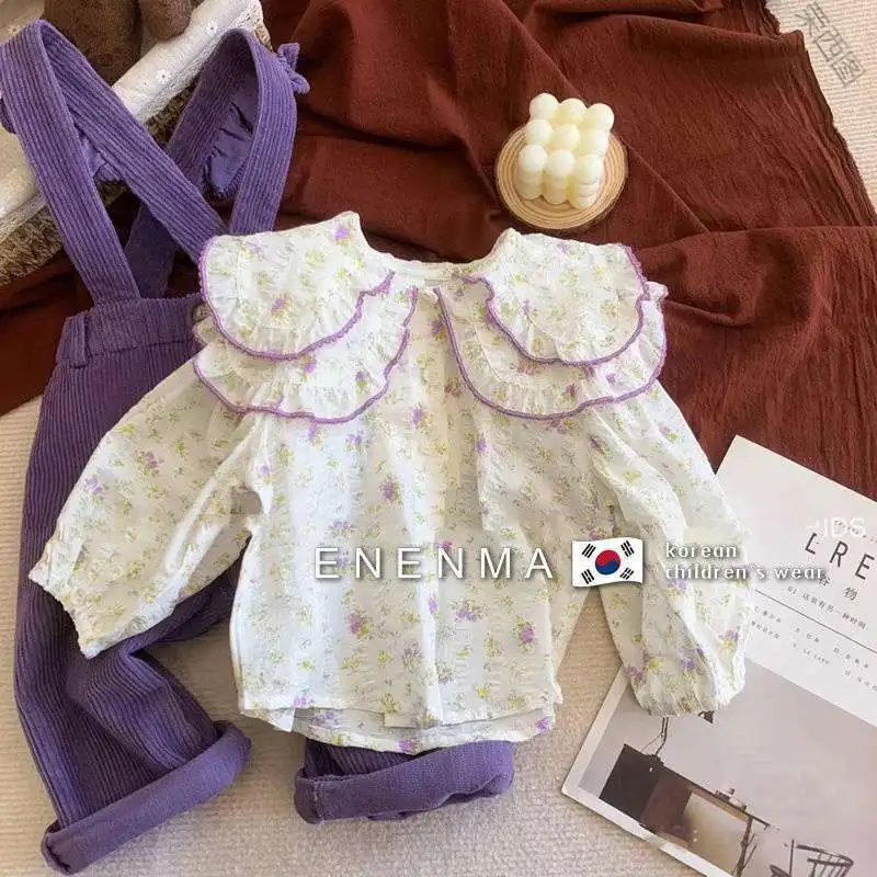 

Весенне-осенние хлопковые костюмы для девочек, новые рубашки в западном стиле с цветочным принтом и кукольным воротником для девочек, нагру...