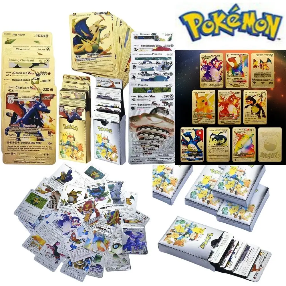 

54pcs Pokemon Metal Gold Card Box Golden Letters Spanish Playing Cards Metalicas Charizard Vmax Gx Collection Game Card Case Toy