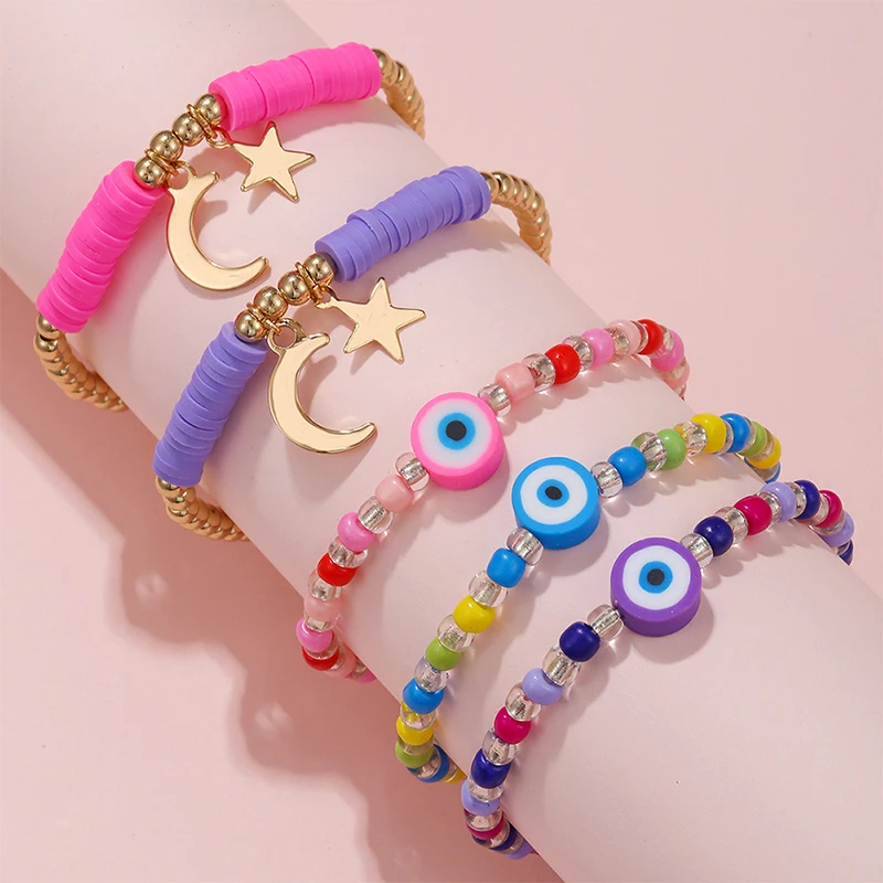 

5Pcs/set Moon Star Charm Stretch Beads Bracelet for Girls Kids Friendship Party Birthday Handmade Jewelry Gift