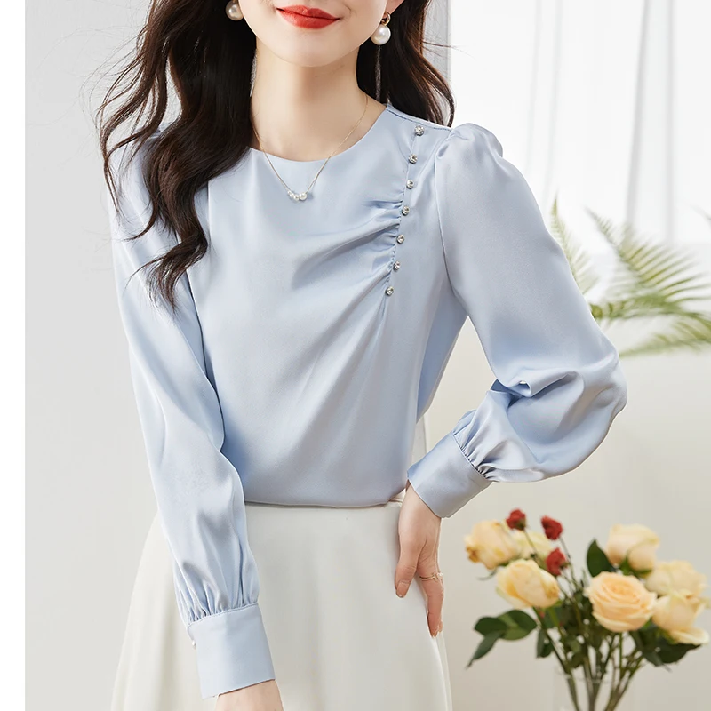

2023 Autumn New Korean Satin OL Blouse Solid Color Women Tops Round Neck Beaded Long Sleeve White Shirt