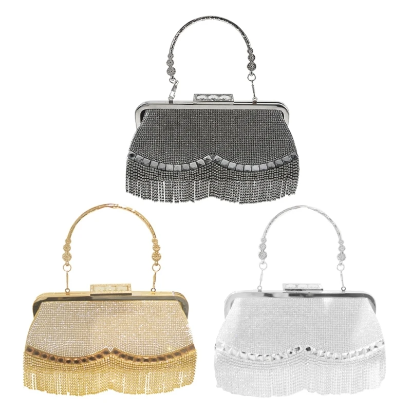 

Small Square Bag Rhinestones Crystal Tassel Handbags Evening Clutch Purse E74B