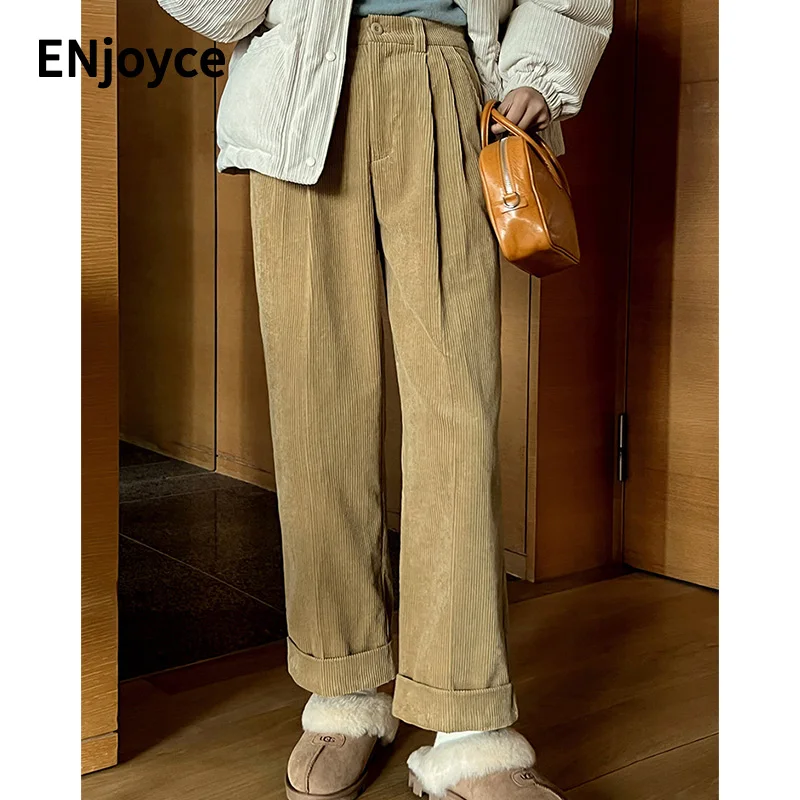 Women Winter Vintage Straight Thick Corduroy Pants Female Casual Loose High Waist Office Lady Workwear Rolled Trousers