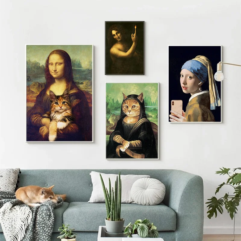 

Девушка с жемчугом Серьги селфи по телефону Мона Лиза Кот искусство холст фотография смешная известная Настенная картина домашний декор