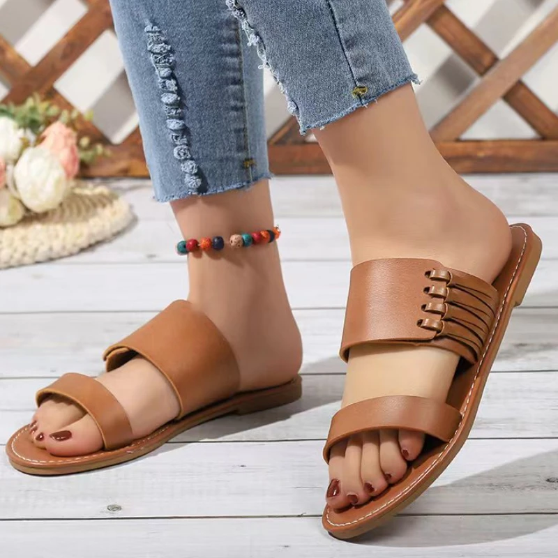 

2023 Fashion Shoes for Women Low-heeled Women's Slippers Summer Casual Ladies Open Toe Flats Solid Female Beach Slipper Zapatos