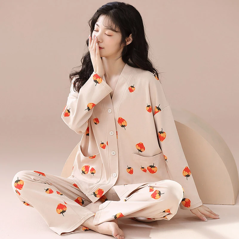 CAIYIER 2023 Avocado Dot Soft Nightwear V-Neck Cotton Pajamas Set For Women Kawaii Sleepwear Girls Winter Lounge Wear 3XL2023