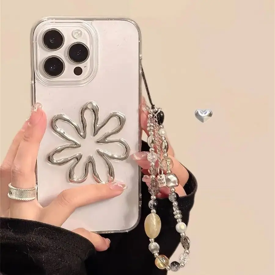 Модный 3D металлический Цветочный Прозрачный чехол для телефона с бусинами и