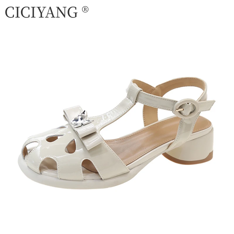 

CICIYANG Roman Sandals For Women Patent Leather 2023 Summer T-Strap Hollow Out Fashion Breathable Low Heel Ladies Casual Sandals