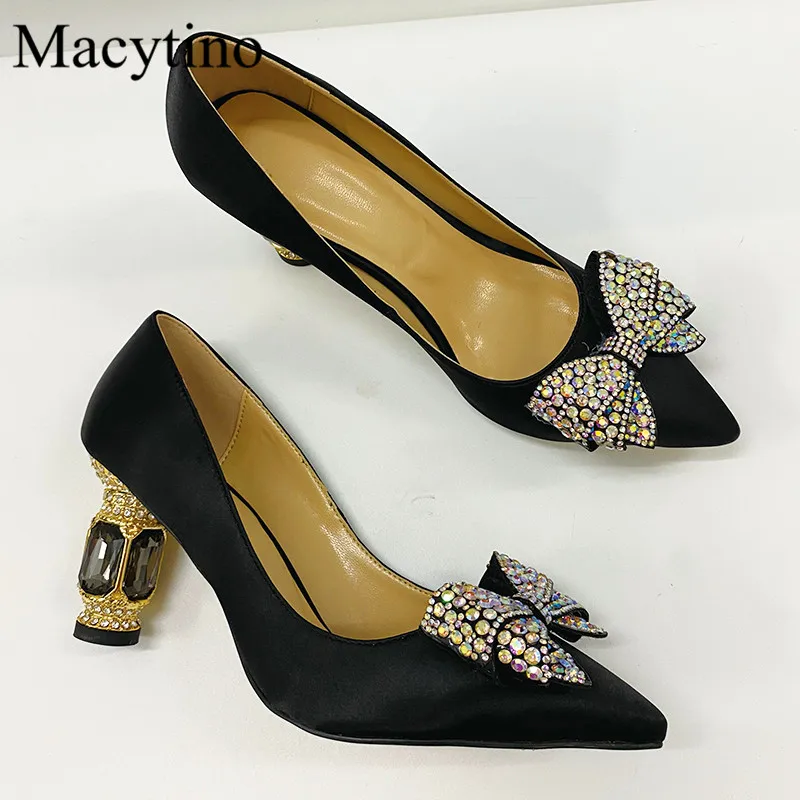 

Bow Knot Colored Diamond Design Ladies High Heels Round Toe Drill Heel 8CM Heel High Heels Fashion Party High Heels