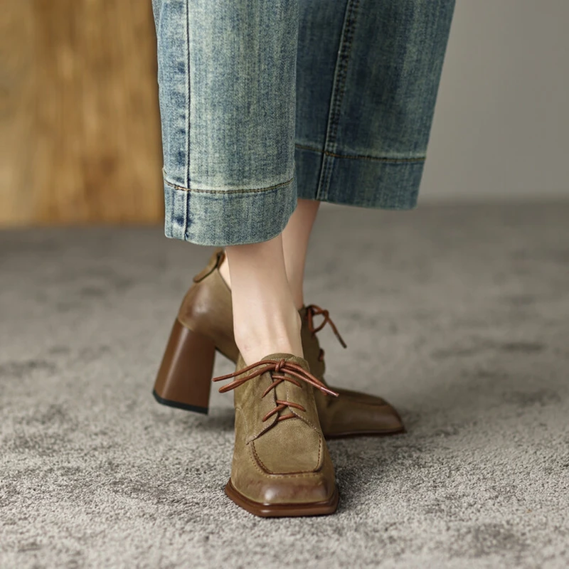 NEW Spring/Autumn Women Loafers Square Toe High heels Genuine Leather Chunky Heel Pumps Women Plus Sizes Retro Lace Black Shoes