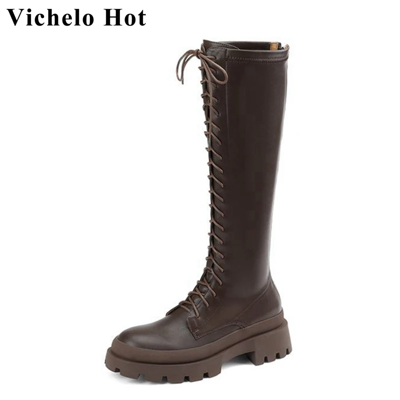 

Популярные ботинки Vichelo из коровьего спилка с круглым носком на толстом высоком каблуке, сапоги для верховой езды на платформе в стиле ретро...