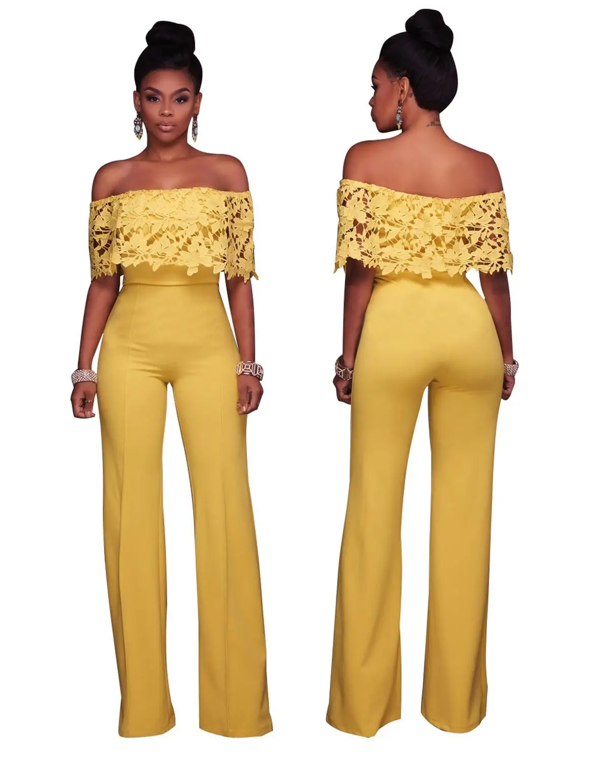 

Long Jumpsuit Women Summer Elegant Yellow Off Shoulder Rompers Party Office Work Ladies Overall Mono Mujer Tute Donna Eleganti