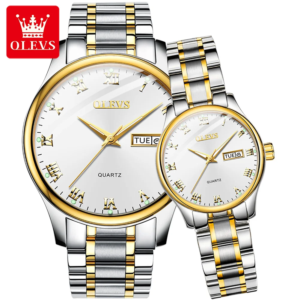 OLEVS 5568 Business Alloy Strap Watch for Couple Quartz Waterproof Great Quality Dual Calendar Couple  Wristwatch Luminous