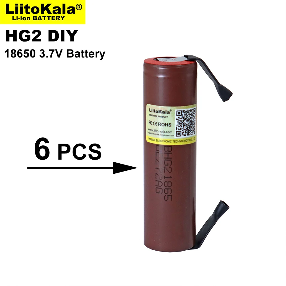 

6PÇS/LOTE Liitokala para HG2 18650 Cigarro Eletrônico 3000mAh Bateria Recarregável de Alta-Descarga, 30A Alta Corrente+DIY Nicke