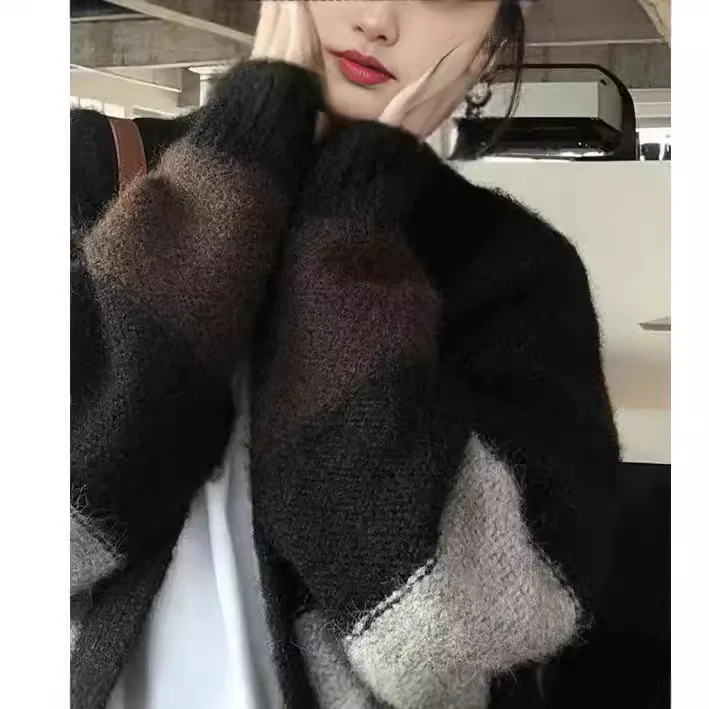 Женский полосатый свитер черный кардиган вязаный свободный весна-осень