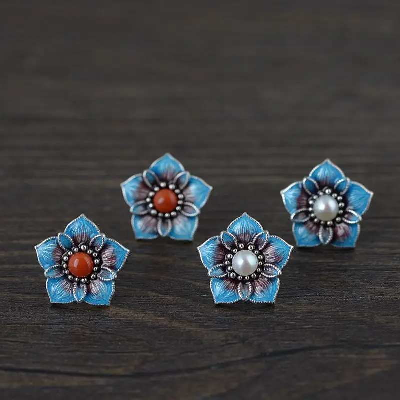 

925 Sterling Silver Flower Stud Earrings Original Women Enamel Inlaid South Red Natural Pearl Piercing Earrings Jewelry EH069