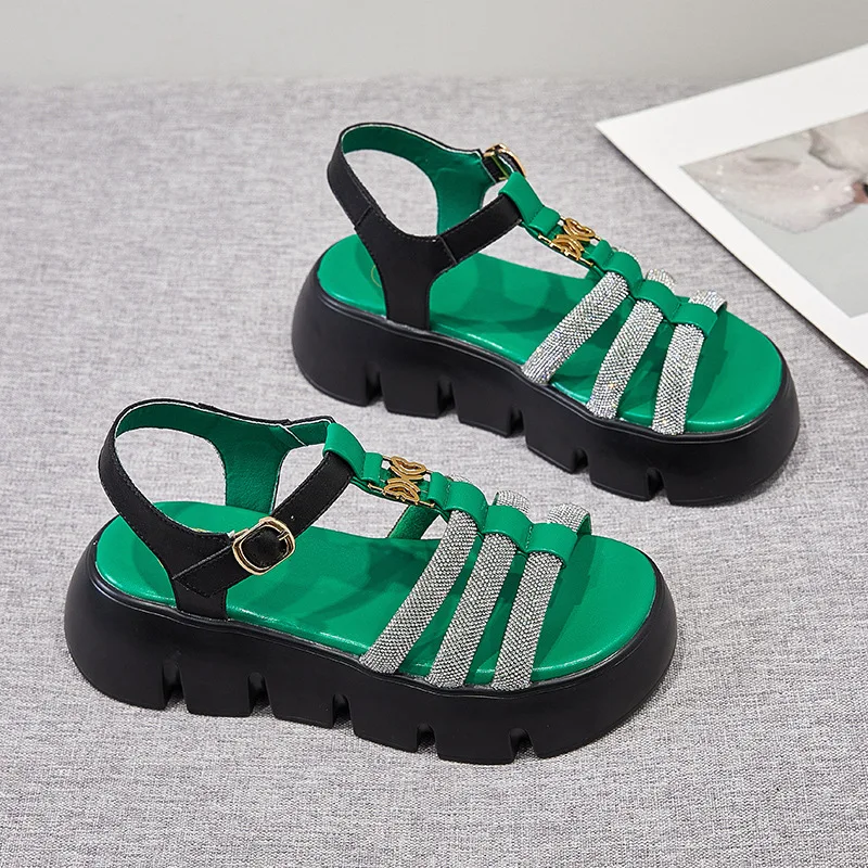 CICIYANG Women's Sandals Summer Genuine Leather 2023 New Chunky Platform Wedge Roman Sandal Ladies T-strap Outdoor Sandals Green