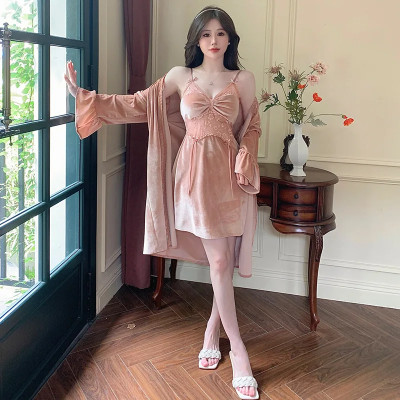 Комплект женский велюровый кружевной из 2 предметов халатный халат-кимоно одежда