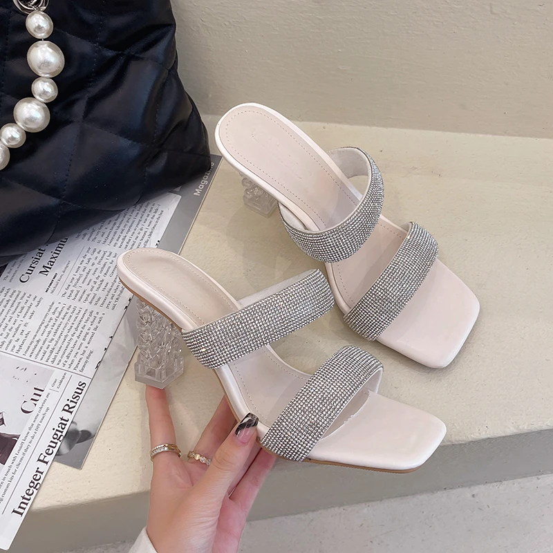 

Transparent Thick Heel Crystal Slippers Women 2022 Summer New Korean Open Toe Rhinestone Dress Casual High Heels Women Slippers
