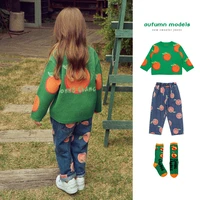 childrens knitwear 2022 spring and autumn green cartoon girls sweater fashion pure cotton childrens jeans childrens clothing