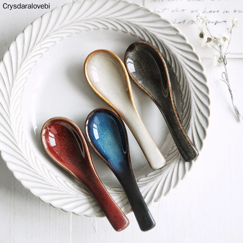 

5PCS Japanese-style Tableware Rice Soup Spoon Porridge And Dessert Spoon Home Restaurant Spoons Solid Color Ceramic Spoon