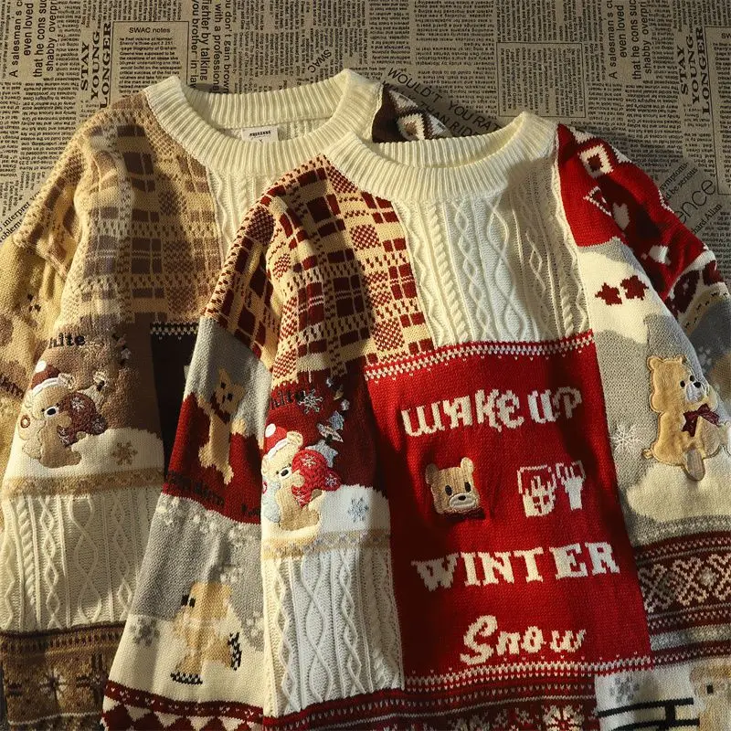 

Harajuku Streetwear Vintage Cable-knit Sweater Women Kawaii Bear Christmas Pullover Sweaters Winter Loose Oversized Jumpers