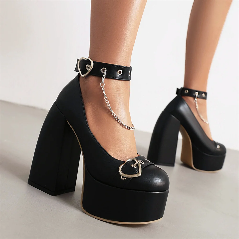 Brand Design Ladies Platform Pumps Fashion Heart Buckle Chain Thick High Heels women's Pumps Party Office Sexy Shoes Woman