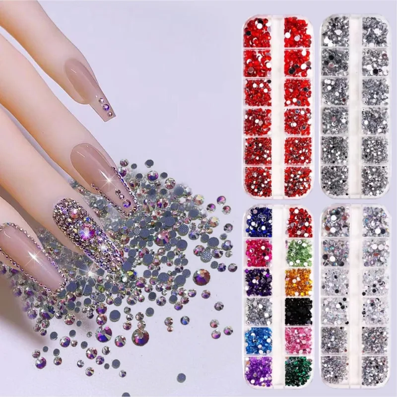

Nail Art Drill Flatback Rhinestones In 12 Grid Storage Box Nail Accessories Acrylic Diamond AB White Red Blend 2mm 3mm 4mm