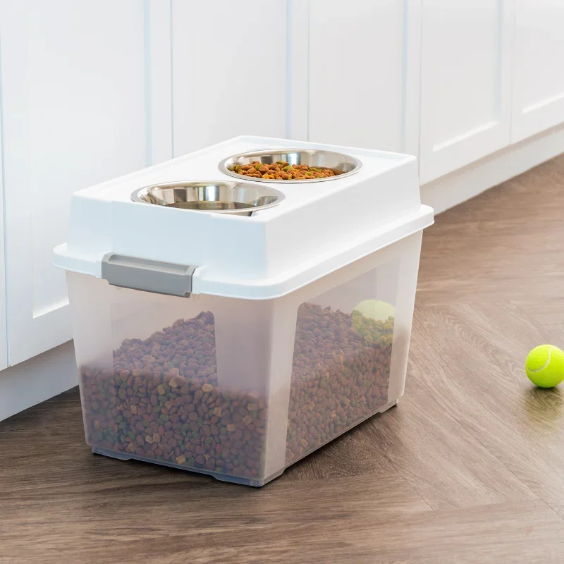 

USA 45 Qt. (11 Gal.) Airtight Elevated Pet Feeder Storage Container with Bowls, White Cat Food Storage Containers