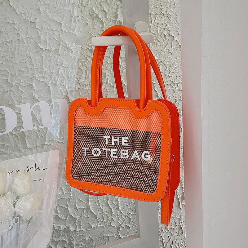 

21X8X18Cm Pvc Shoulder Crossbody Bags for Women Handbags Letter Mesh Square Tote Fashion Ladies Summer Beach Small Purses 2022