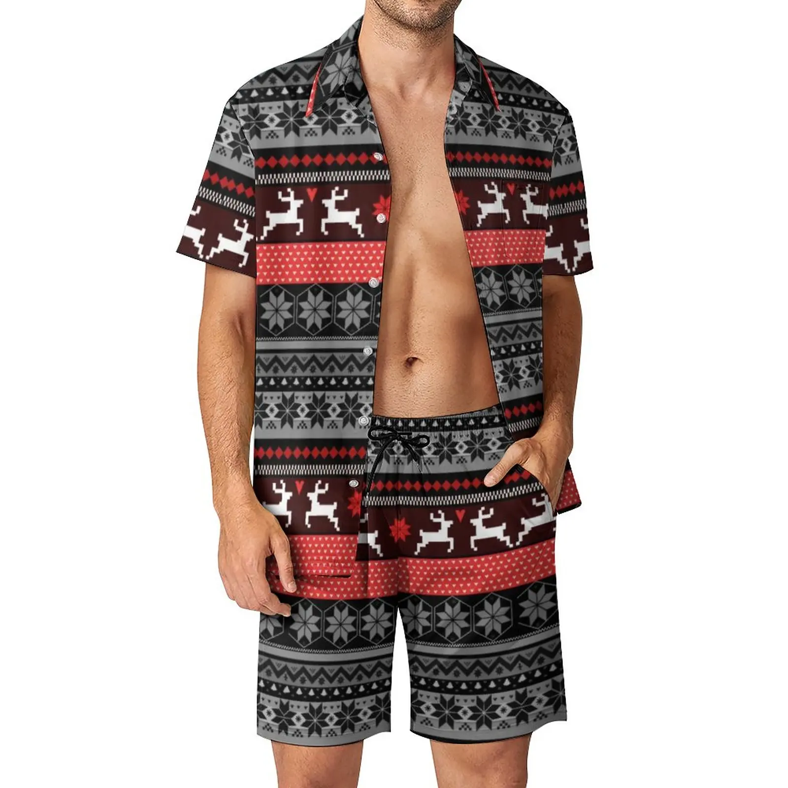 

Nordic Animal Men Sets Red Fair Isle Pattern Casual Shorts Fitness Outdoor Shirt Set Summer Cool Custom Suit Plus Size Clothes