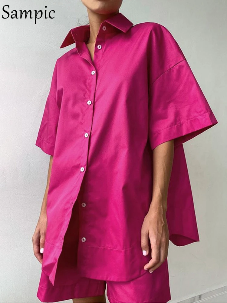 

Sampic Summer Casual Short Sleeve Shorts Women Sets Tracksuit Loose Oversize Shirt Tops And High Waist Shorts Two Piece Set