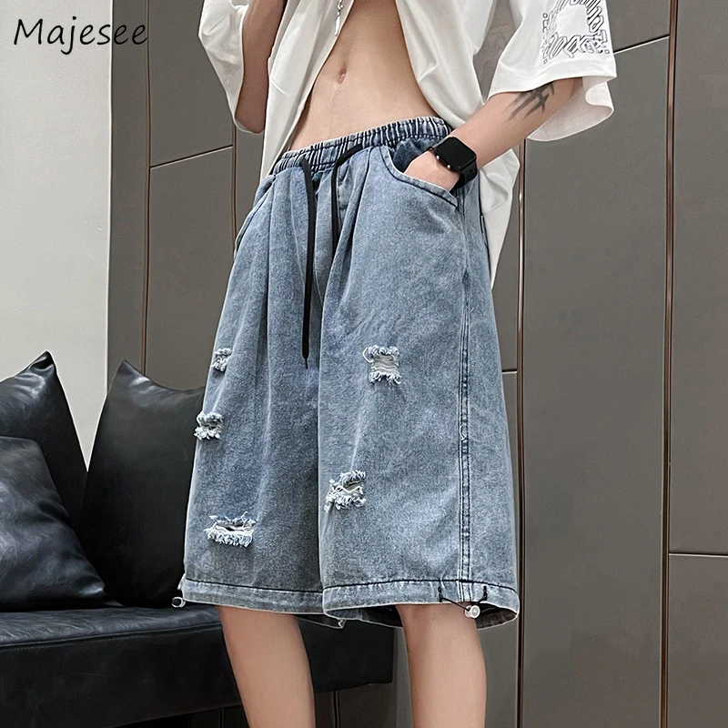 

Jeans Men Knee Length Fashion Hole All-match Streetwear Straight Male Teens Ulzzang Handsome Casual Popular Summer Thin Daily